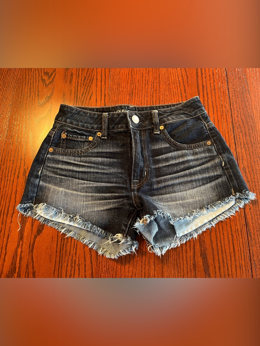 American Eagle Outfitters Dark Blue Frayed Hem Denim Shorts